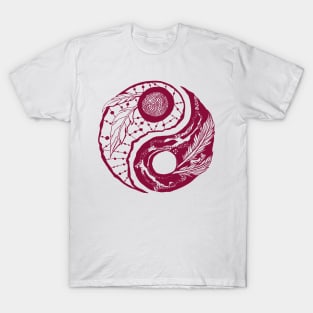 Burgundy Feathers Yin Yang T-Shirt